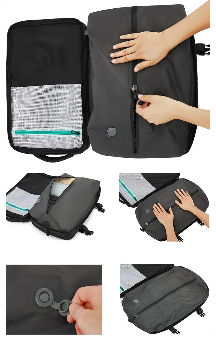 Close-up of the vacuum compression valve and zipper on a travel backpack