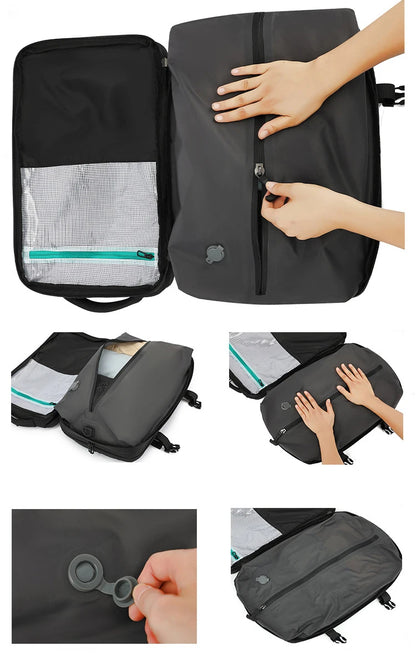 Close-up of the vacuum compression valve and zipper on a travel backpack