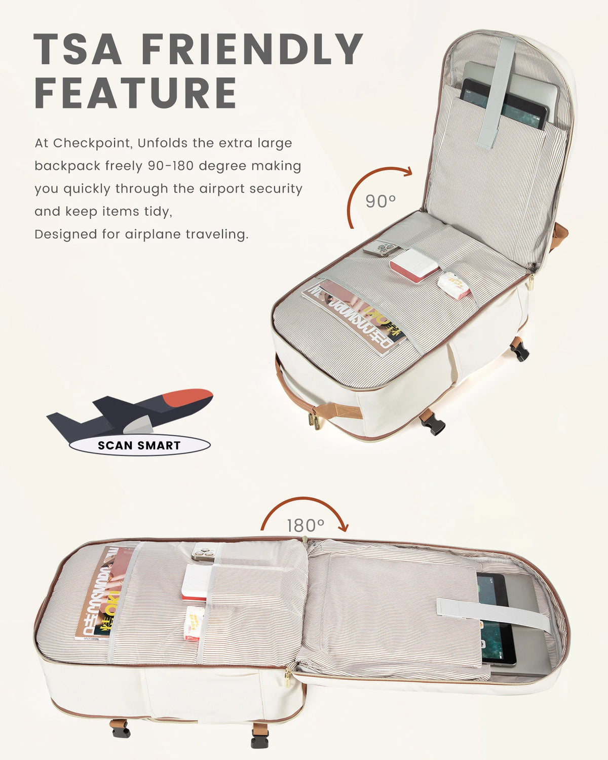 Main compartment of the travel backpack open, showing interior organizer pockets