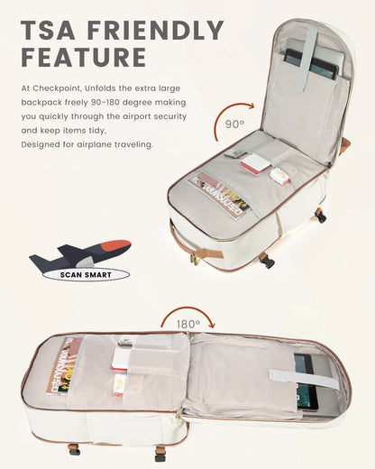 Main compartment of the travel backpack open, showing interior organizer pockets
