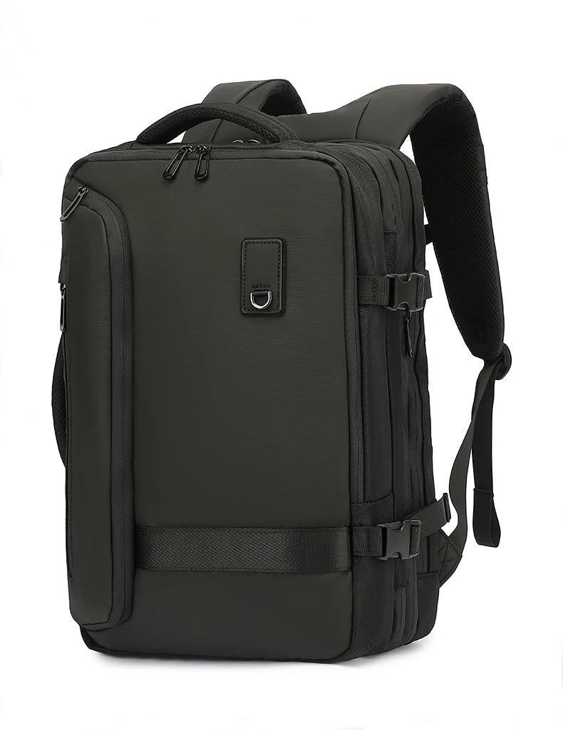 Vacuum compression travel backpack shown from the front