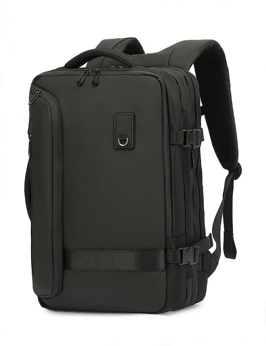 Vacuum compression travel backpack shown from the front