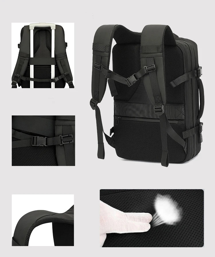 Vacuum compression travel backpack worn on the back while traveling