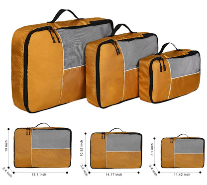 Compression packing cube with the zipper being closed to flatten packed clothes