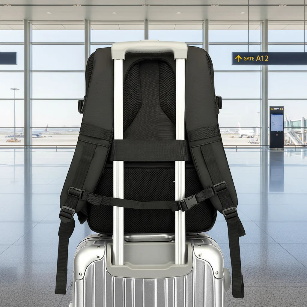 Back panel and padded straps of the vacuum compression travel backpack