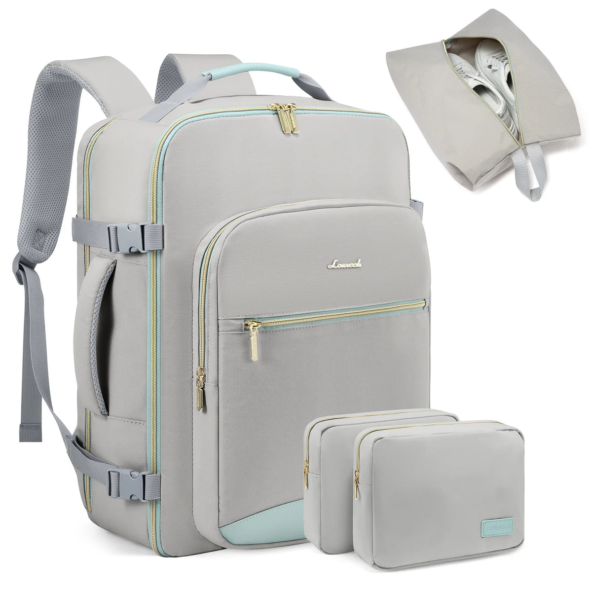 Front organizer pocket open on the travel backpack