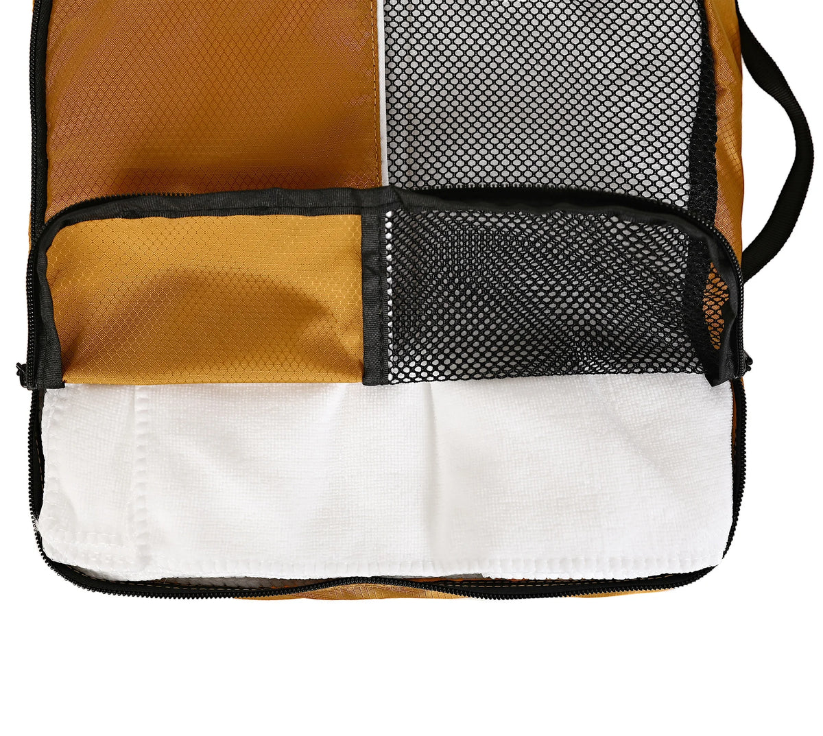 Three packing cube sizes compared side by side showing mesh top panels