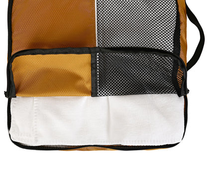 Three packing cube sizes compared side by side showing mesh top panels