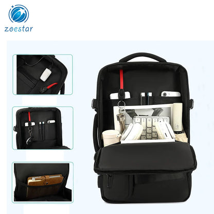 Vacuum compression travel backpack shown compressed next to its expanded size
