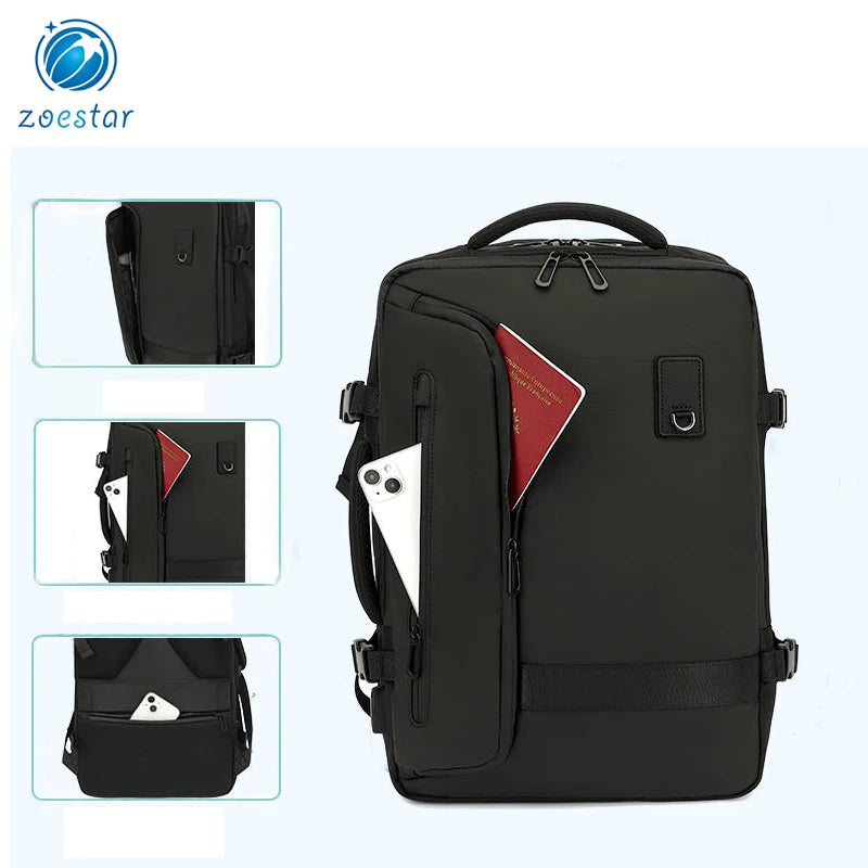 Open travel backpack showing interior compartments and organizer pockets