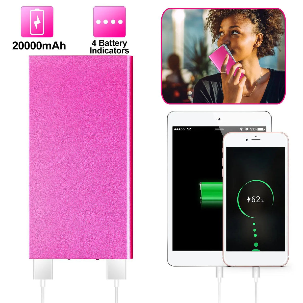 20000mAh travel power bank in hot pink