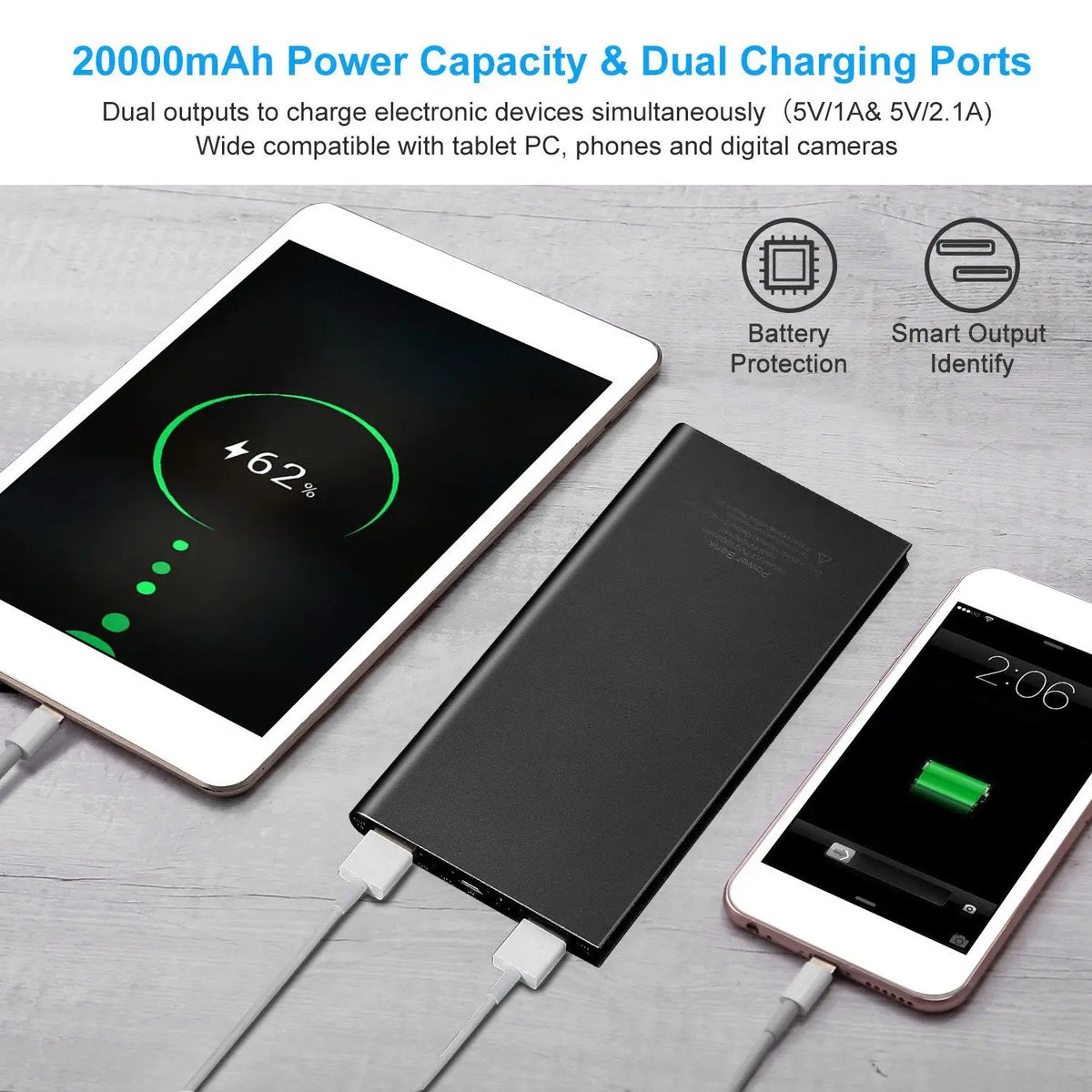 20000mAh travel power bank shown for scale next to a smartphone